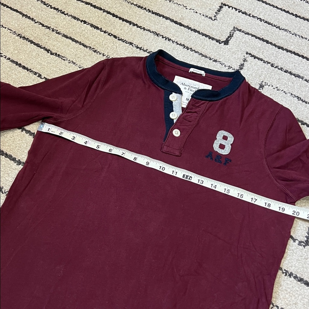 Abercrombie & Fitch Burgundy Henley Long sleeve Shirt with Navy Trim - Picture 4 of 7